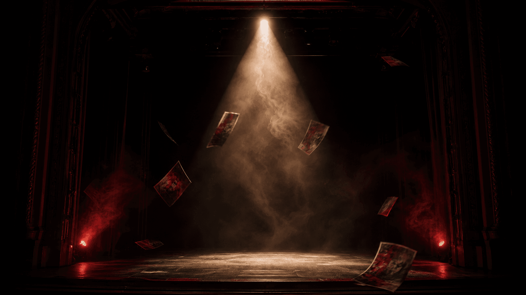 Spotlight cone falling on an empty stage with drifting show posters