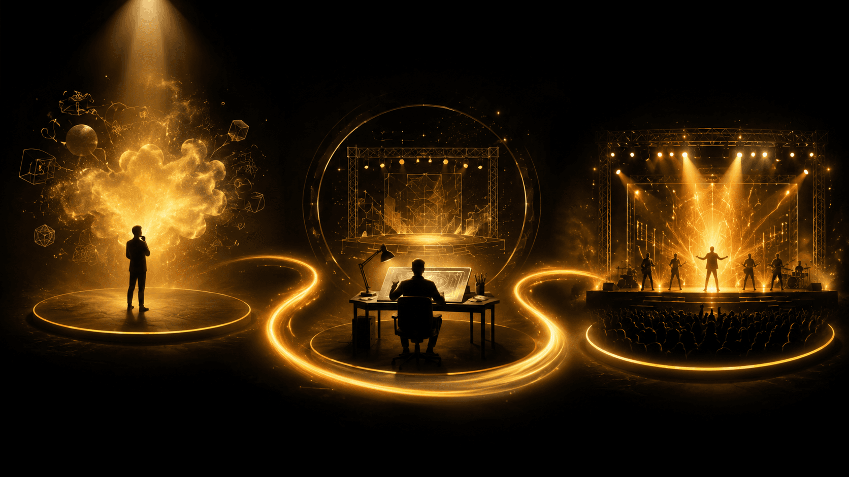 Three linked stage vignettes showing describe, design and premiere